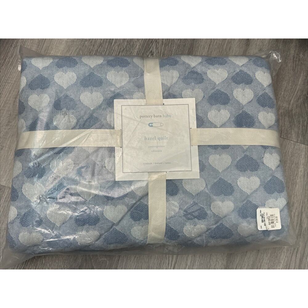 NEW Pottery Barn Hazel Toddler Blue Heart Quilt Cotton 36” X 50” MSRP $129!